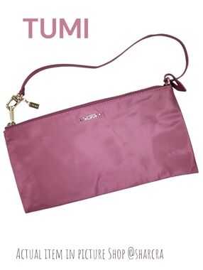 Tumi Women pouch dusty rose pink & golden logo detachable strap clutch mini bag